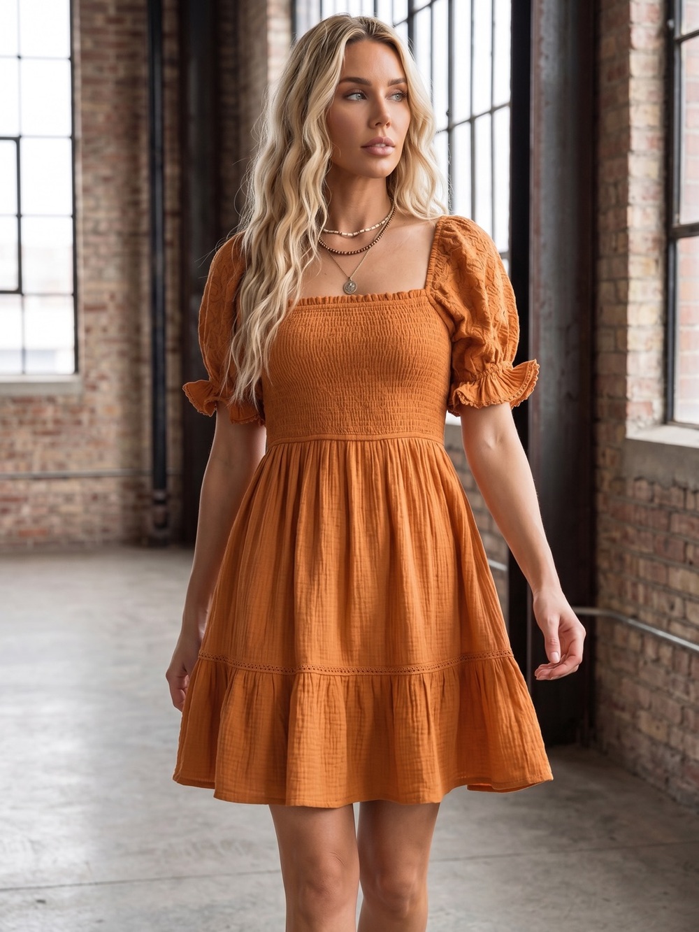 NWT UMGEE Boho Festival Puff Eyelet Sleeve Cotton Gauze Smocked Fit Flare Dress - Picture 6 of 6